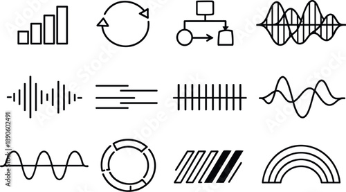 Image Generation. Line style vector icons of task checklist manager analytics and insights: signal bar, sync line, flow arc, pulse