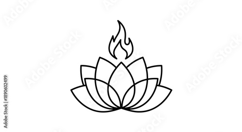 Simple black line art lotus flower with flame icon on white background.