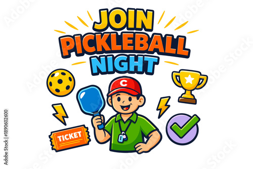 Join pickleball night: fun, playful cartoon invitation with equipment and symbols