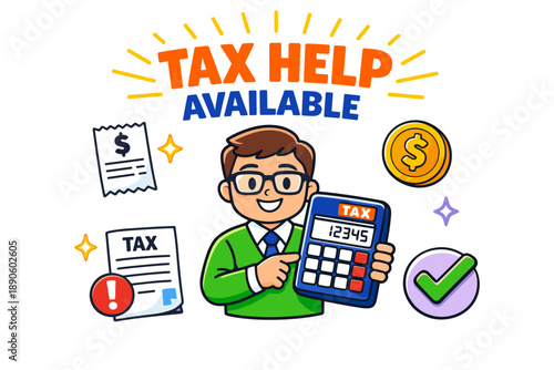 Young caucasian male offering tax help with calculator and documents