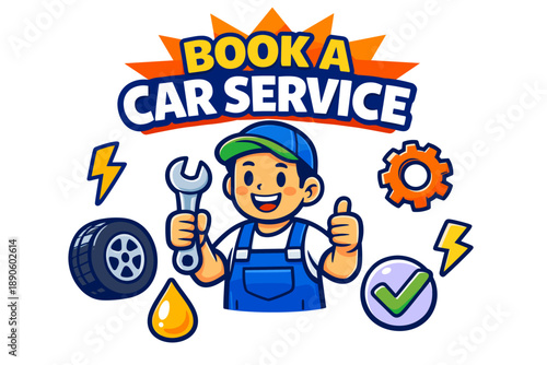 Cartoon mechanic offering car service with tools and symbols
