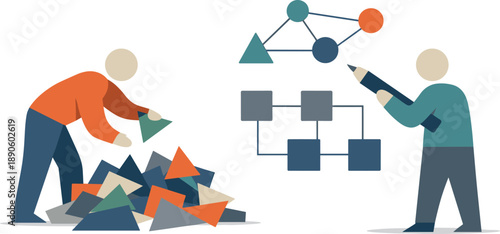 Image Generation. Two abstract geometric figures interconnect and organize scattered angular shapes into subtle structured