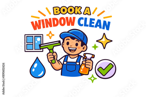 Cartoon male window cleaner with tools and text banner