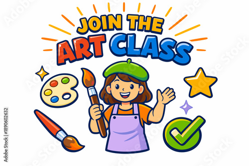 Join the art class: enthusiastic young female artist with palette and brush