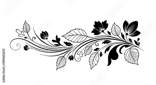 Elegant black floral pattern with leaves and flowers.