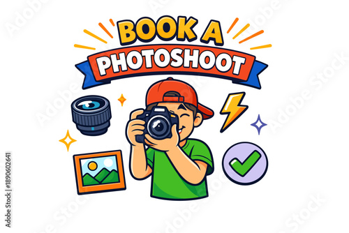 Cartoon character photographer with camera and photoshoot elements