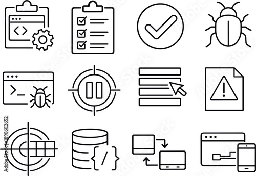 Image Generation. Line style vector icons of web development testing and debugging tools: unit testing, test checklist, assertion