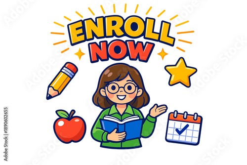 Educational enrollment promotion featuring female student surrounded by learning icons