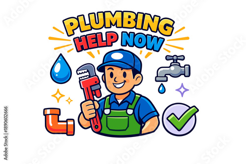 Cartoon plumber character with wrench offering plumbing help now
