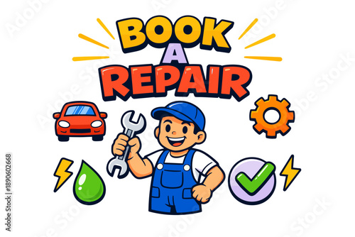 Cartoon mechanic with wrench promotes car repair service