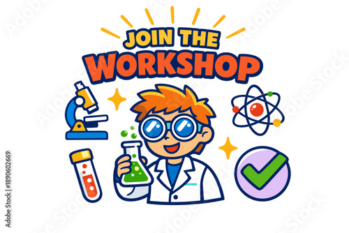 Young caucasian scientist in lab coat promoting science workshop with lab equipment and experiment icons