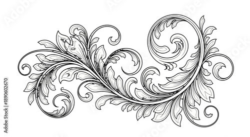Intricate black and white floral design with swirling patterns and leaves.