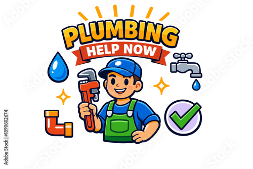 Cartoon plumber service logo with tools and water elements