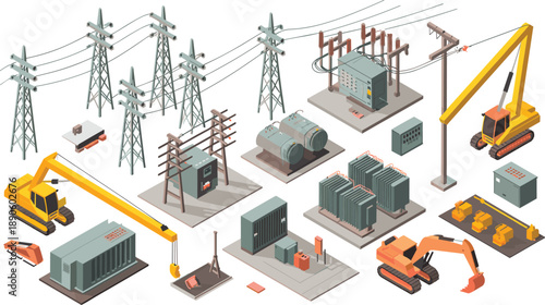 Electrical power transmission infrastructure illustration, transformers pylons substations machinery, high voltage energy system, isometric industrial vector elements set