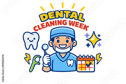 Dental cleaning week illustration: smiling dentist in blue uniform with tools