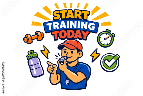 Animated coach encouraging fitness training with symbols of health and discipline