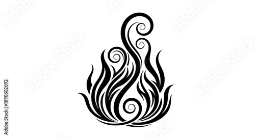 Stylized black flame design with swirling patterns and abstract shapes.