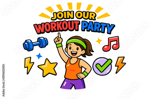 Fitness fun: join our workout party with energetic cartoon woman and colorful gym icons