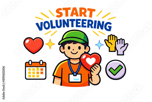 Cartoon encouraging volunteering with young male holding heart and volunteer symbols