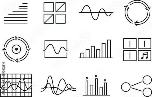 Image Generation. Line style vector icons of email marketing campaign planning: frequency band, phase tile, wave line, feedback