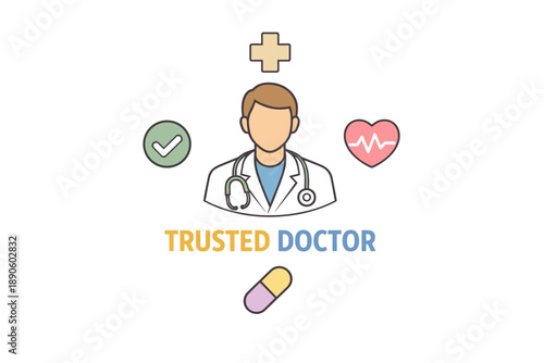 Cartoon male doctor with medical icons and trusted label