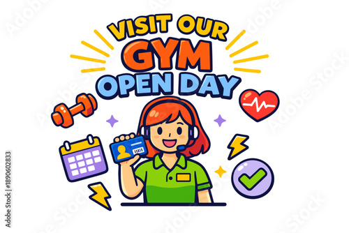 Visit our gym open day poster with cartoon female character and fitness elements
