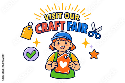 Colorful craft fair poster with smiling girl and crafting elements