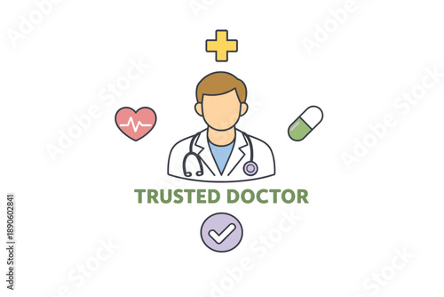 Male doctor icon with stethoscope and medical symbols on white background