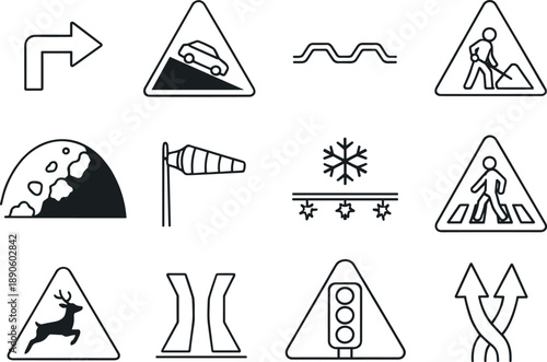 Image Generation. Line style vector icons of hazard and warning signs: sharp turn arrow, steep slope icon, uneven road tile,