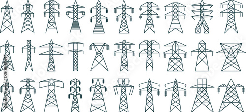 Electricity transmission pylon collection, high voltage power line towers, electric grid infrastructure silhouettes, utility energy distribution structures set