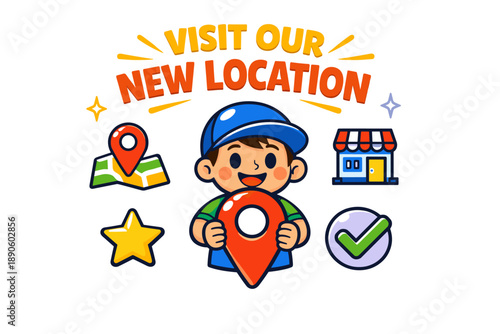 Cartoon boy promoting new store location with map, store icon, and checkmark