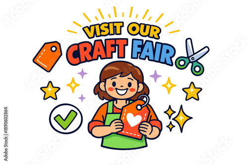 Female child visiting craft fair holding tag with heart design