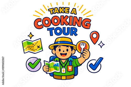 Cartoon character on exciting cooking tour with map and fork