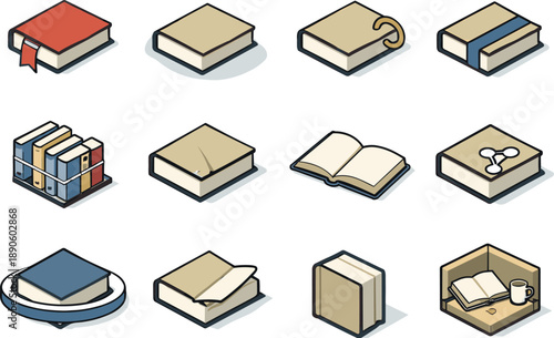 Image Generation. Isometric vector icons of cherished books: bookmark arc, tender shadow arc, treasured corner ring, balanced