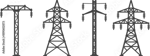Electricity transmission tower icons set, high voltage power line pylons, electric grid infrastructure silhouette vector illustration collection