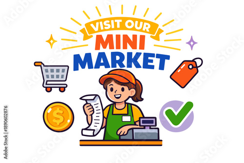 Female cashier in mini market with shopping cart, receipt, and price tags