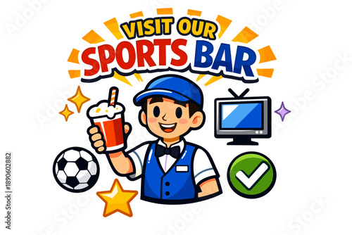 Cheerful cartoon invitation to visit sports bar with drink and entertainment