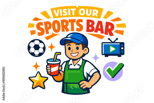 Cartoon male promoting sports bar with drink and sports icons