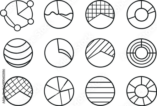 Image Generation. Line style vector icons of data visualization pie and donut charts: modulation node, sync line, pulse mesh,