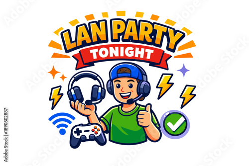 Cartoon male teen gamer at lan party with headset and game controller