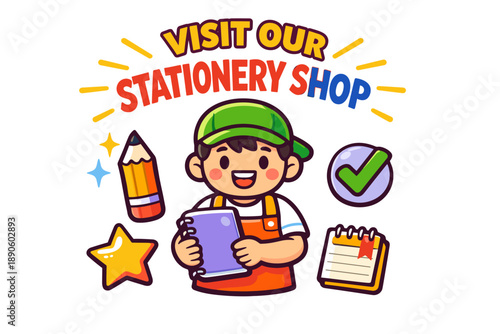 Visit our stationery shop - cartoon boy with notebook and stationery icons
