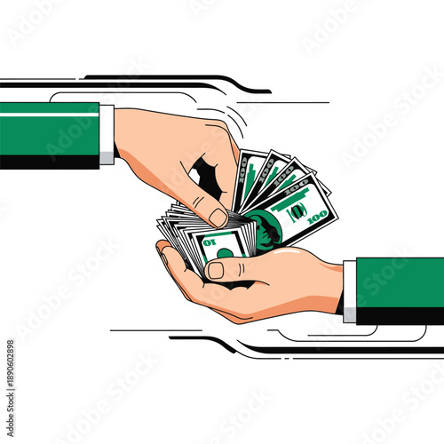 Hands exchanging US Dollar cash. Financial payment transaction illustration, business deal, transfer of wealth or bribe concept.