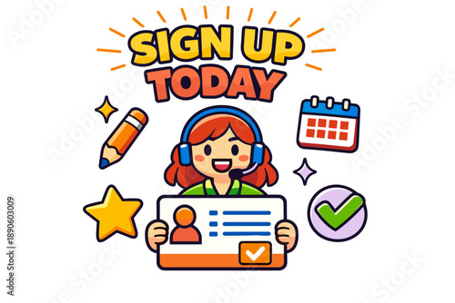 Cartoon girl offering sign up with headset and registration elements