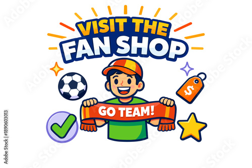 Visit the fan shop: young male cartoon holding scarf with sports merchandise