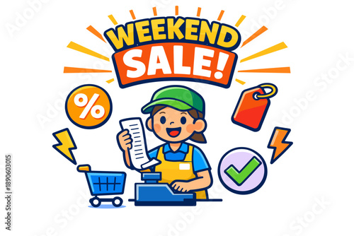 Weekend sale graphic with shopping icons and female cashier