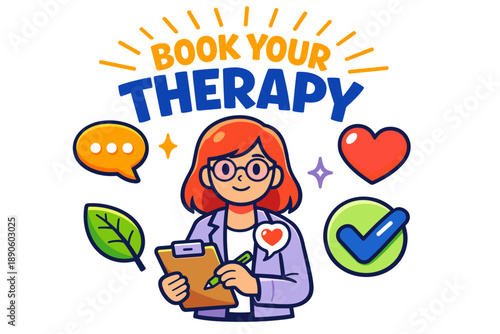 Cartoon female therapist with red hair promoting book your therapy session