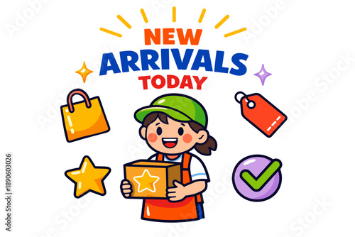 Cartoon girl holding box: new arrivals today banner with shopping icons