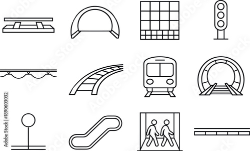 Image Generation. Line style vector icons of metro tunnels: third-rail line, tunnel ring arc, station platform tile, signal light
