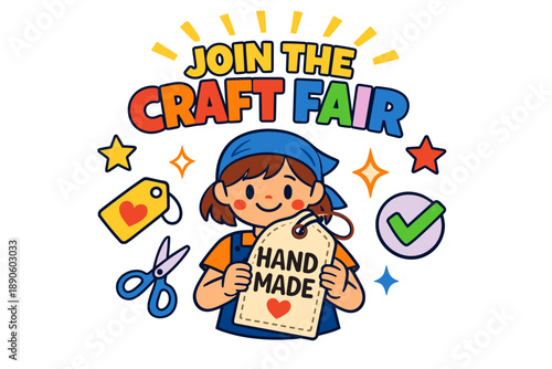 Join the craft fair: cheerful young girl promoting handmade goods with colorful decor