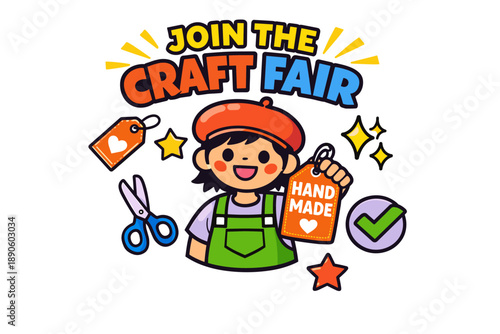 Join the craft fair: handmade art with young asian girl in apron and beret